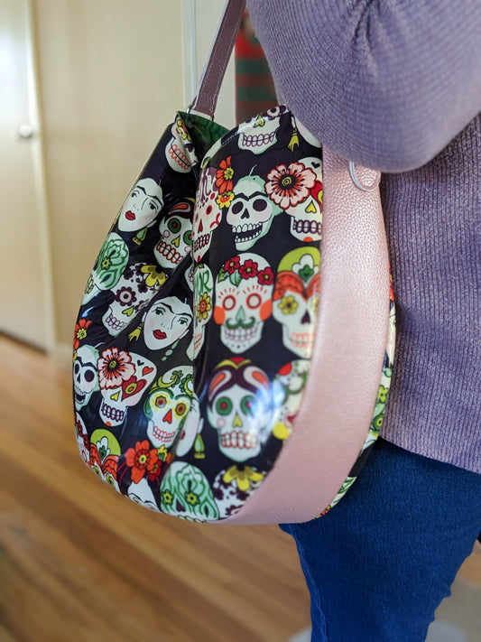 Large Hobo Handbag with Sugar Skulls