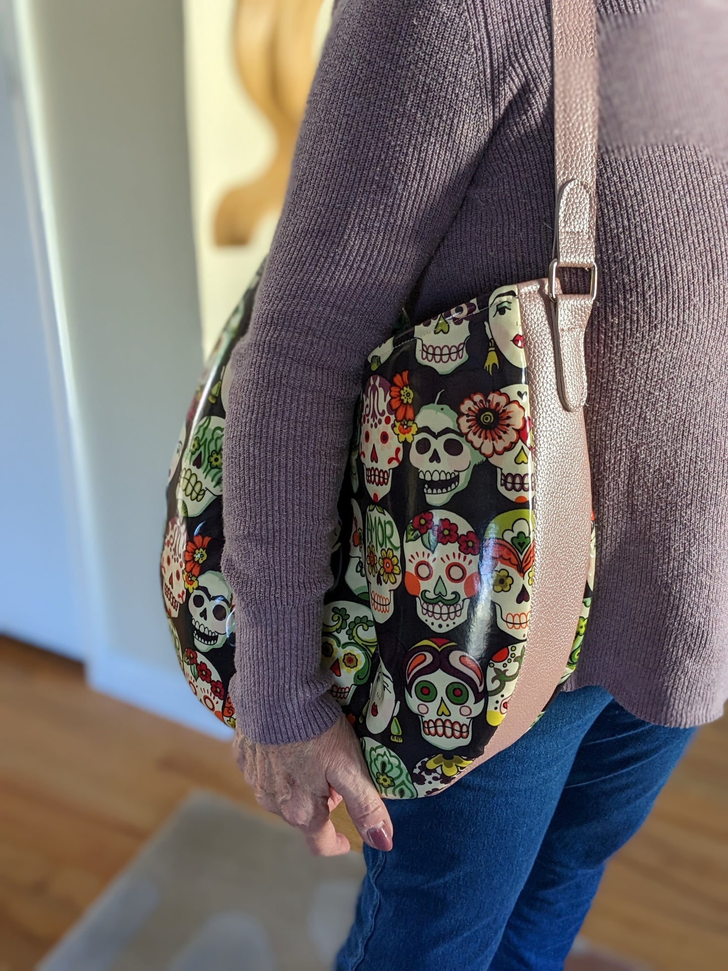 Large Hobo Handbag with Sugar Skulls